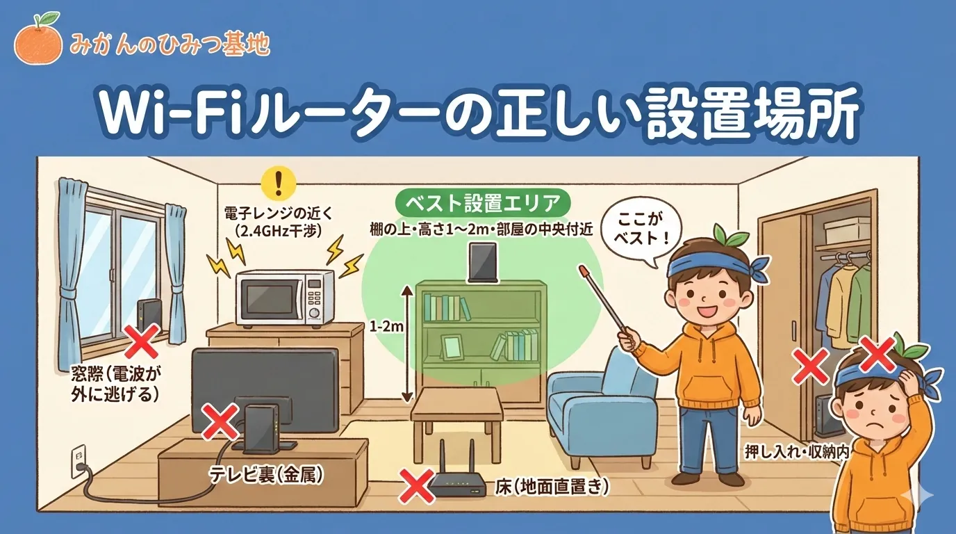 ルーターの設置場所ガイド：ベスト位置とNG位置をみかんくんが解説