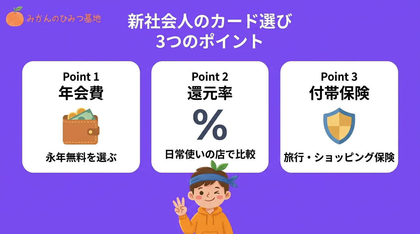 新社会人のカード選び3つのポイント：年会費・還元率・付帯保険