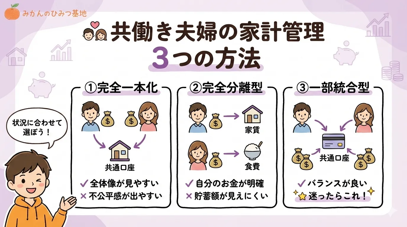 共働き夫婦の家計管理3つの方法の比較イメージ（完全一本化・完全分離型・一部統合型）