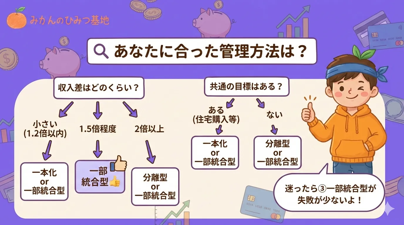 あなたに合った管理方法の診断フローチャート（収入差や目標に応じた選び方）