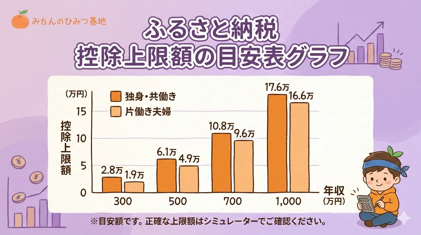 ふるさと納税 控除上限額の目安グラフ（年収別・独身と片働き夫婦の比較）
